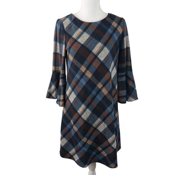 JH! BOLD PLAID NAVY, RUST, WHITE BELL SLEEVE SHIFT STYLE DRESS, SO PRETTY! SZ 8 - Picture 2 of 10